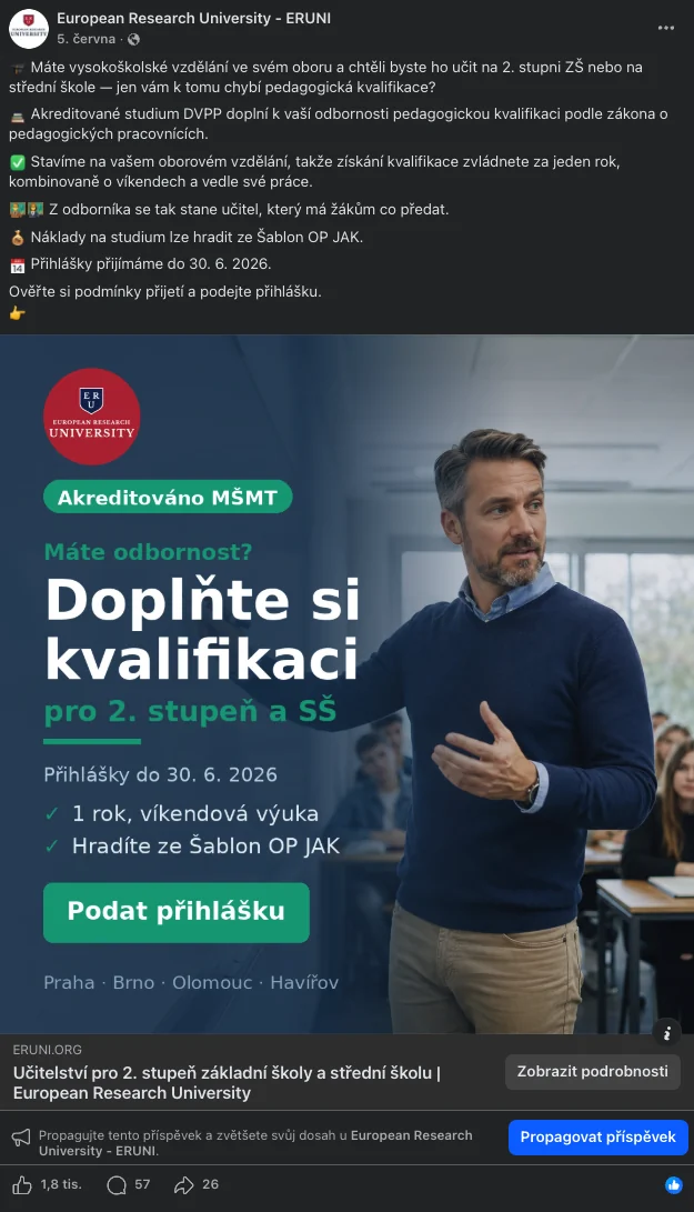 Facebookový příspěvek DVPP: Doplňte si kvalifikaci pro 2. stupeň a SŠ — 1,8 tisíce reakcí, 57 komentářů, 26 sdílení
