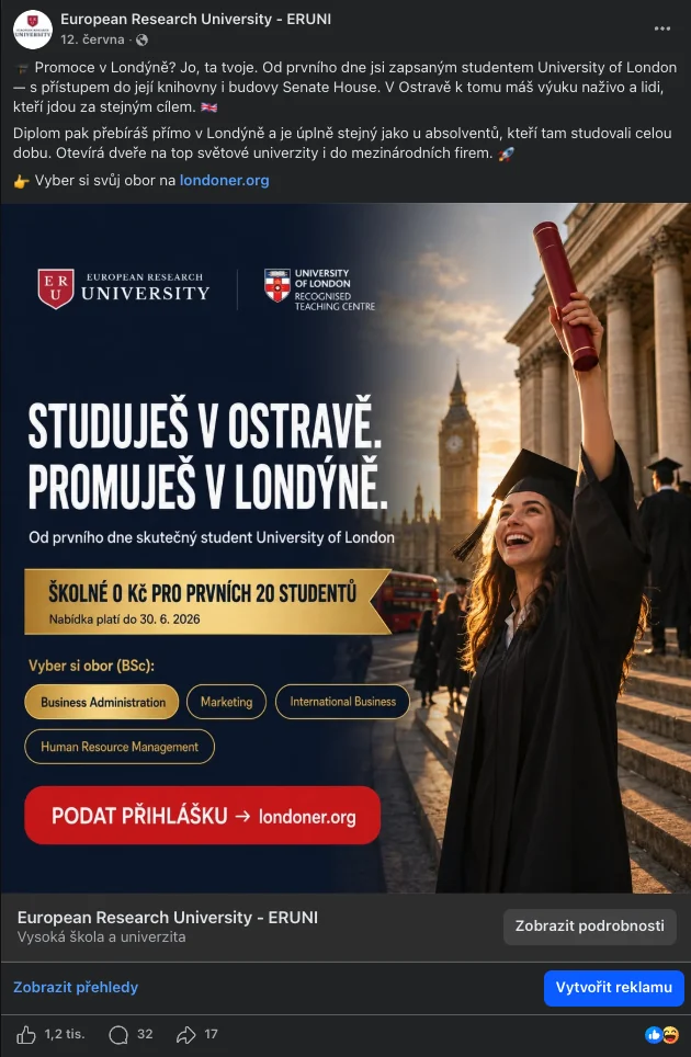 Facebookový příspěvek The Londoner: Studuješ v Ostravě, promuješ v Londýně — 1,2 tisíce reakcí, 32 komentářů, 17 sdílení